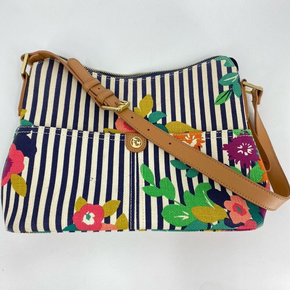 Spartina 449 Linen Leather Purse Blue White Stripe Tropical Floral Shoulder Bag